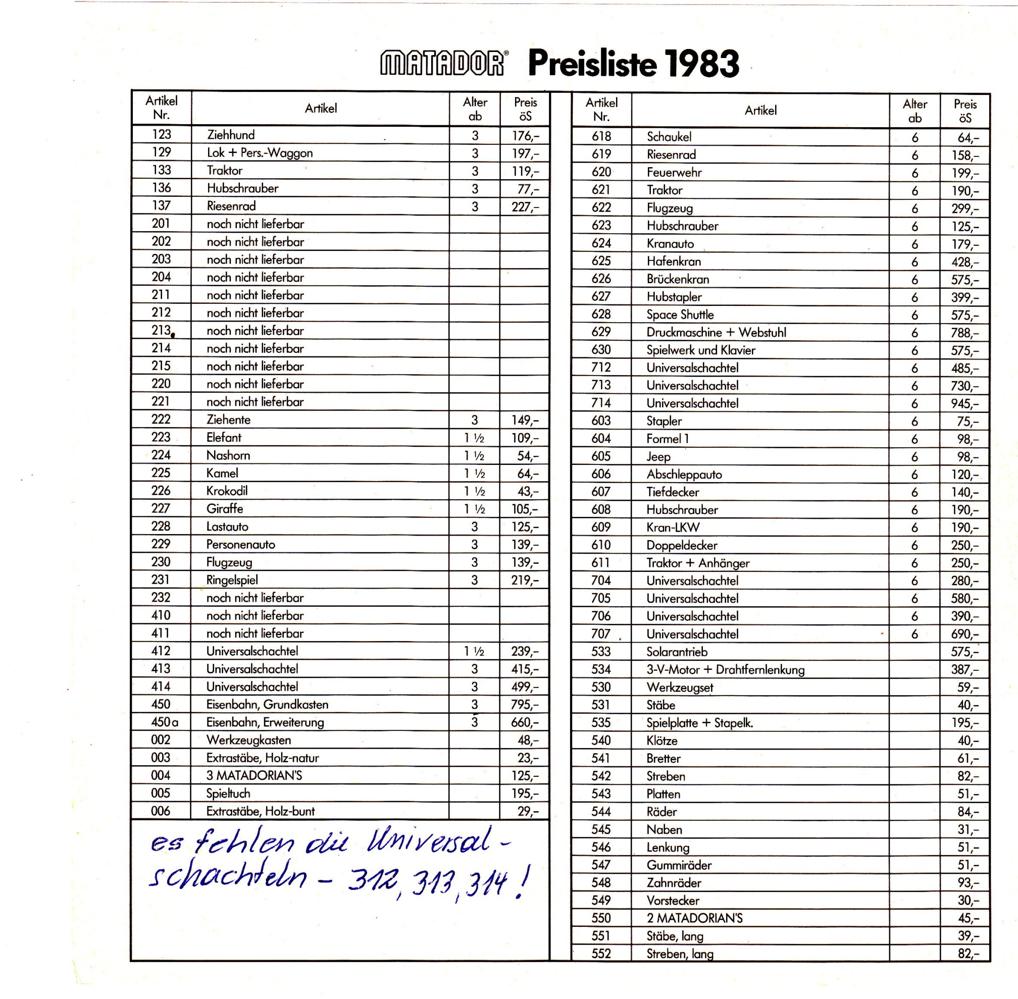 Preisliste 1983